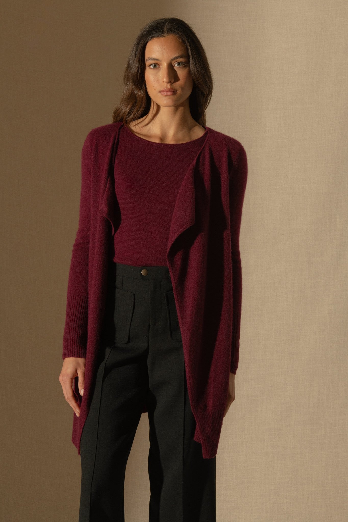 abigail veste longue bordeaux 100% cachemire