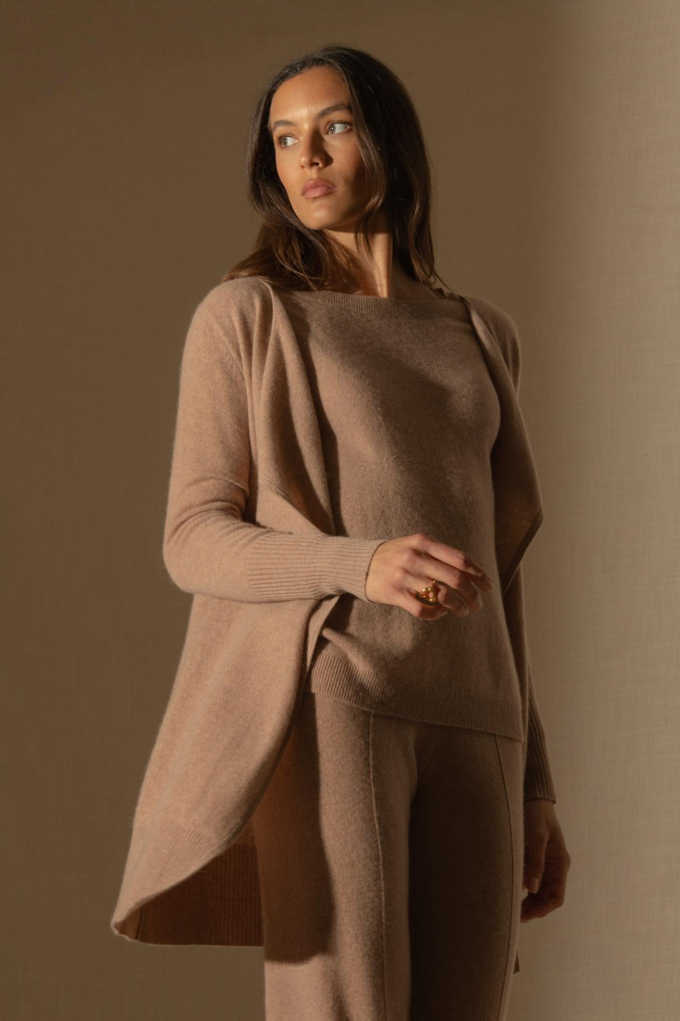 ABIGAIL veste longue camel chiné 100% cachemire