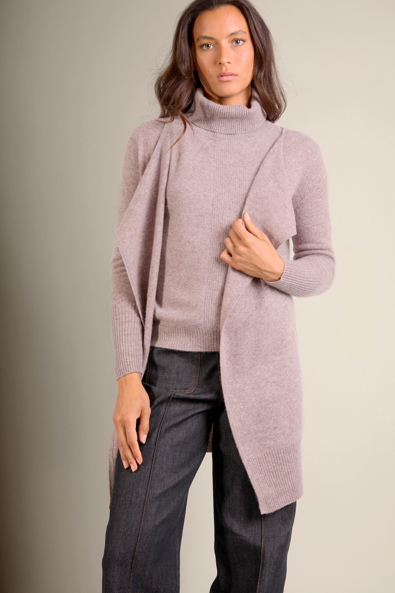 abigail veste longue caribou chiné 100% cachemire