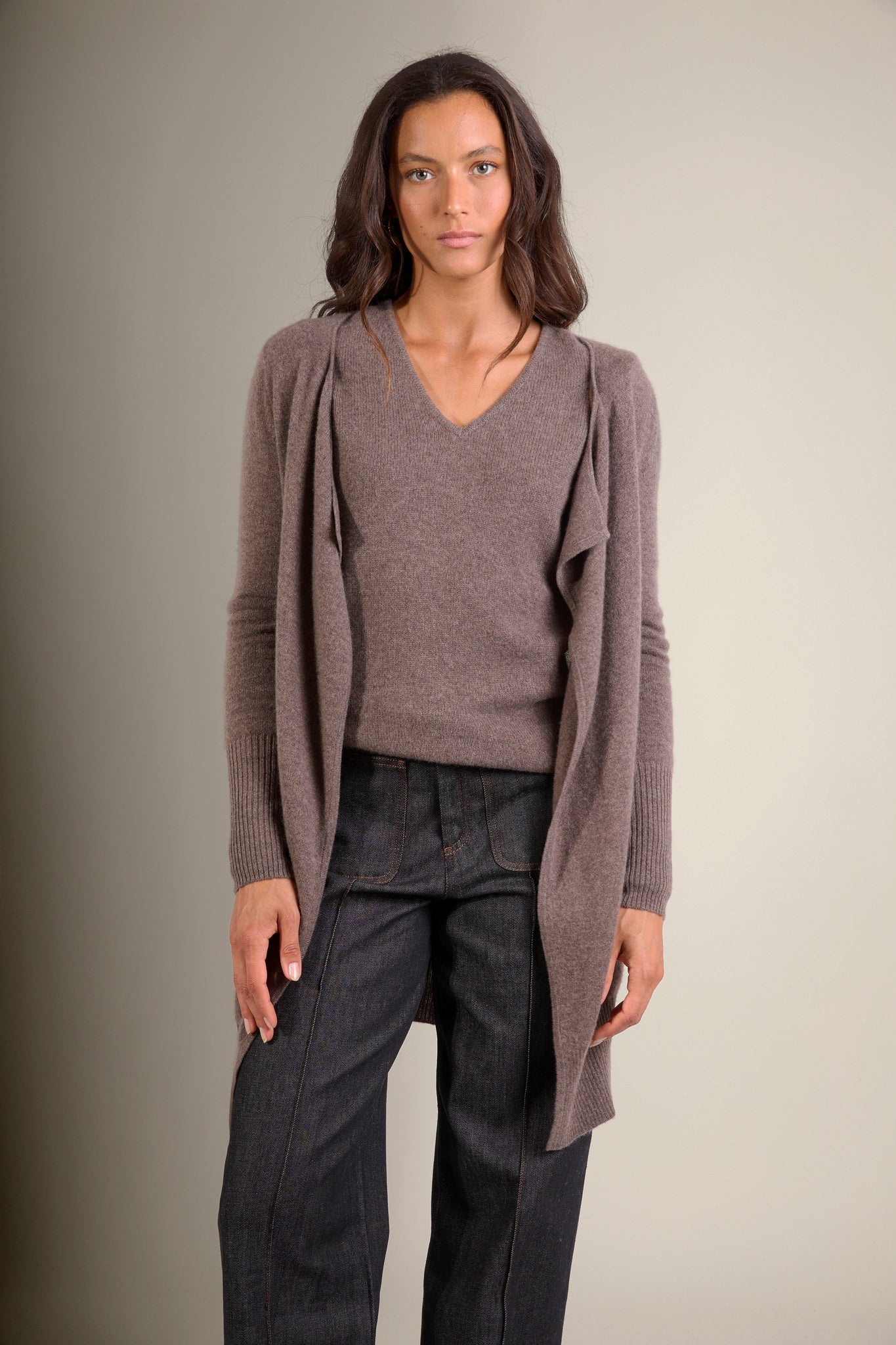 ABIGAIL veste longue taupe chiné 100% cachemire