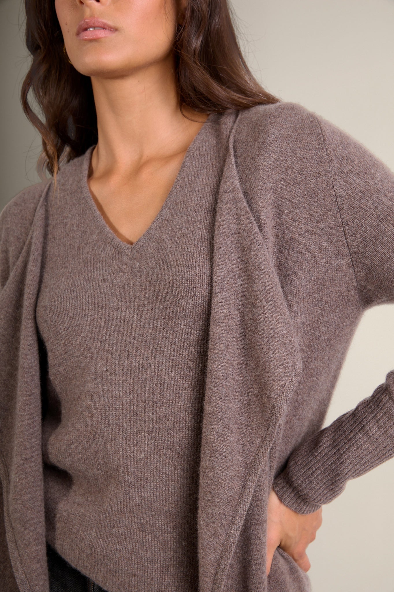 ABIGAIL veste longue taupe chiné 100% cachemire