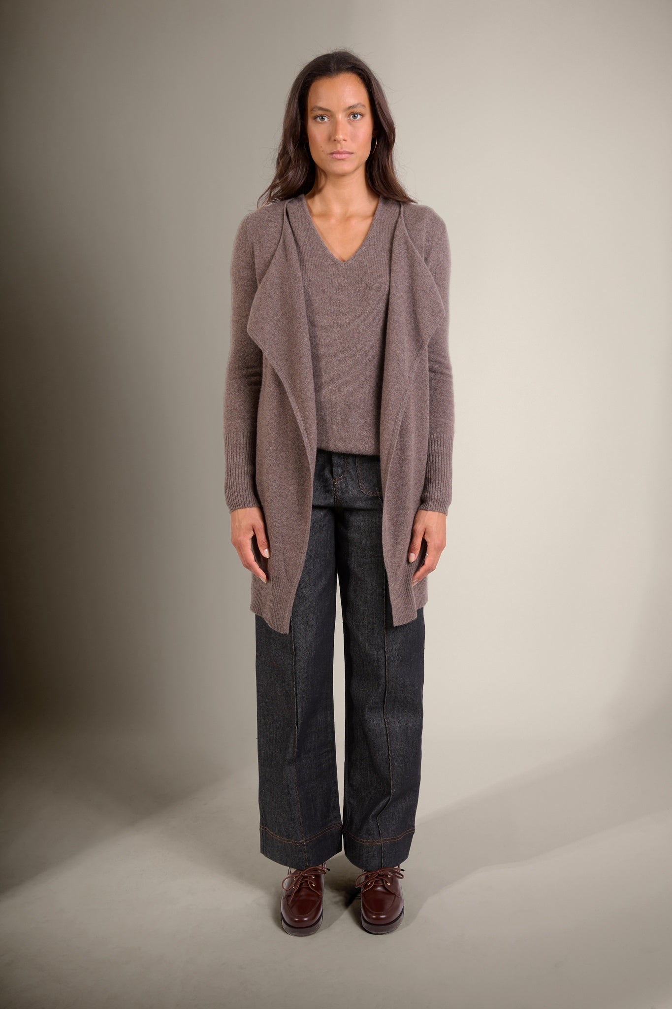 ABIGAIL veste longue taupe chiné 100% cachemire