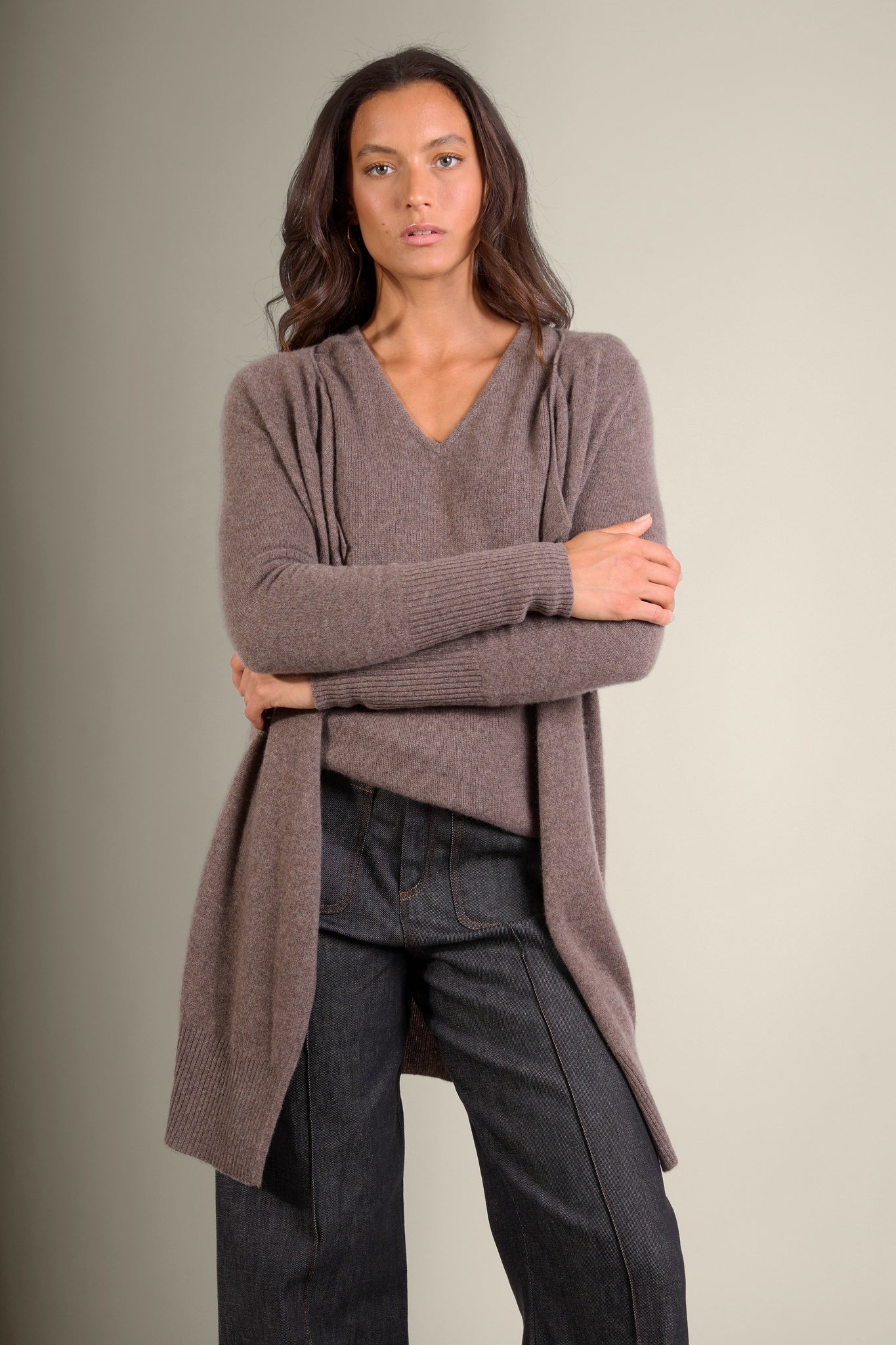 ABIGAIL veste longue taupe chiné 100% cachemire