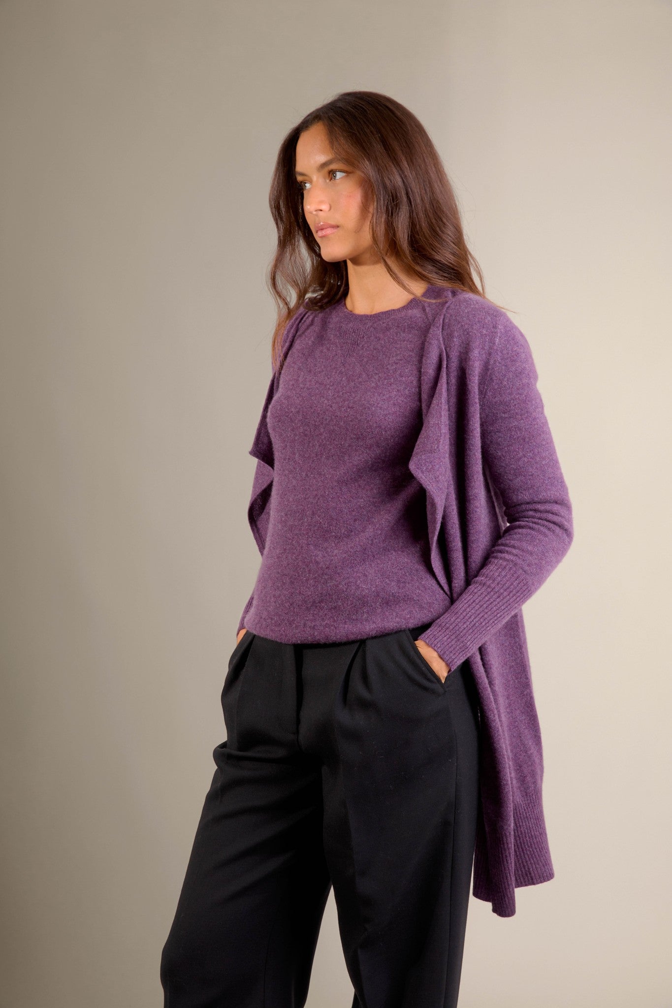 abigail veste longue violet chiné 100% cachemire