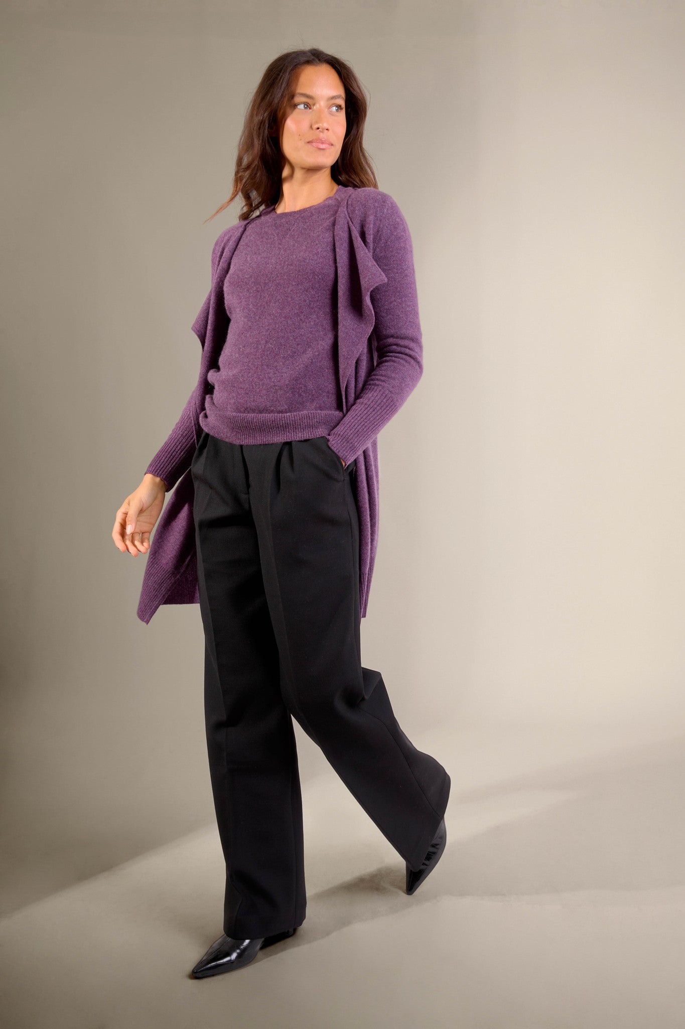 abigail veste longue violet chiné 100% cachemire