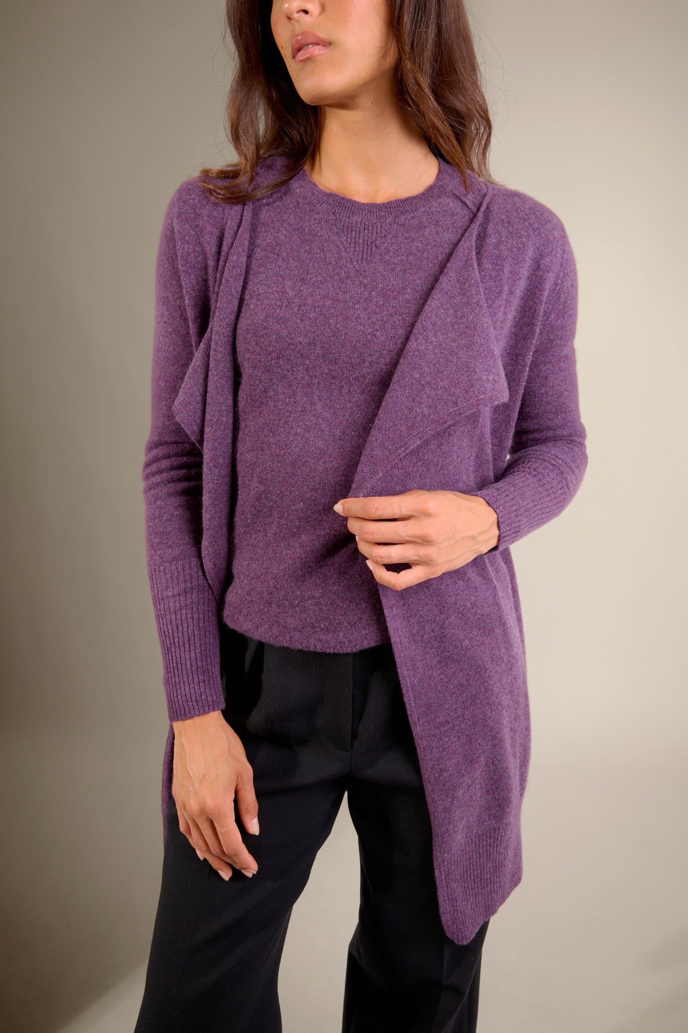 abigail veste longue violet chiné 100% cachemire