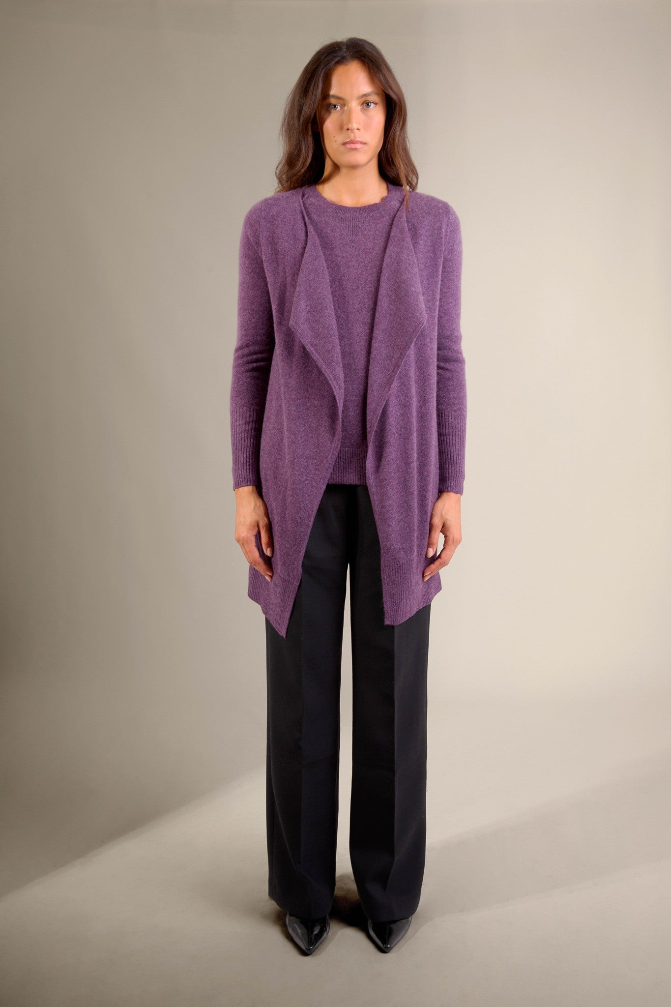 abigail veste longue violet chiné 100% cachemire