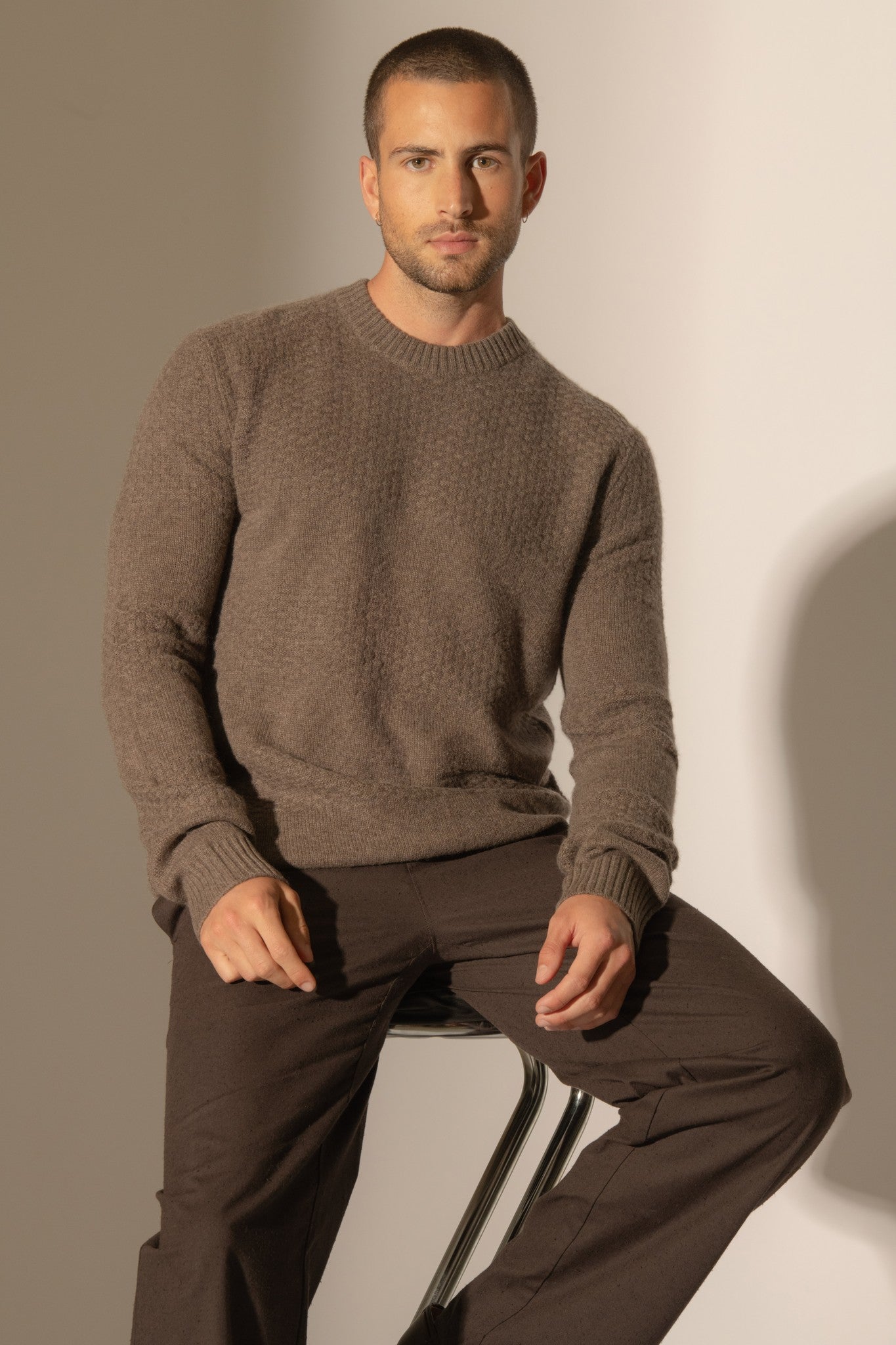 aidan pull col rond 4 fils taupe chiné 100% cachemire