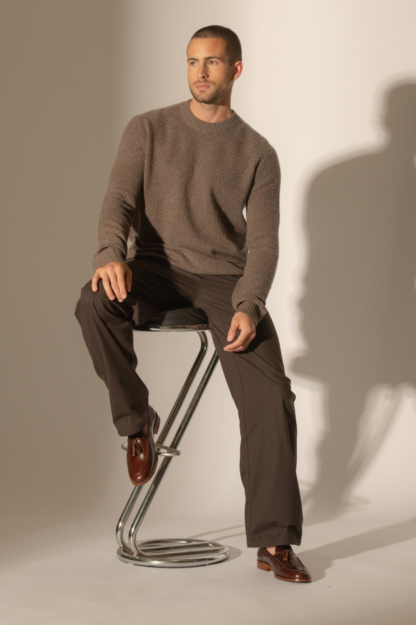 aidan pull col rond 4 fils taupe chiné 100% cachemire