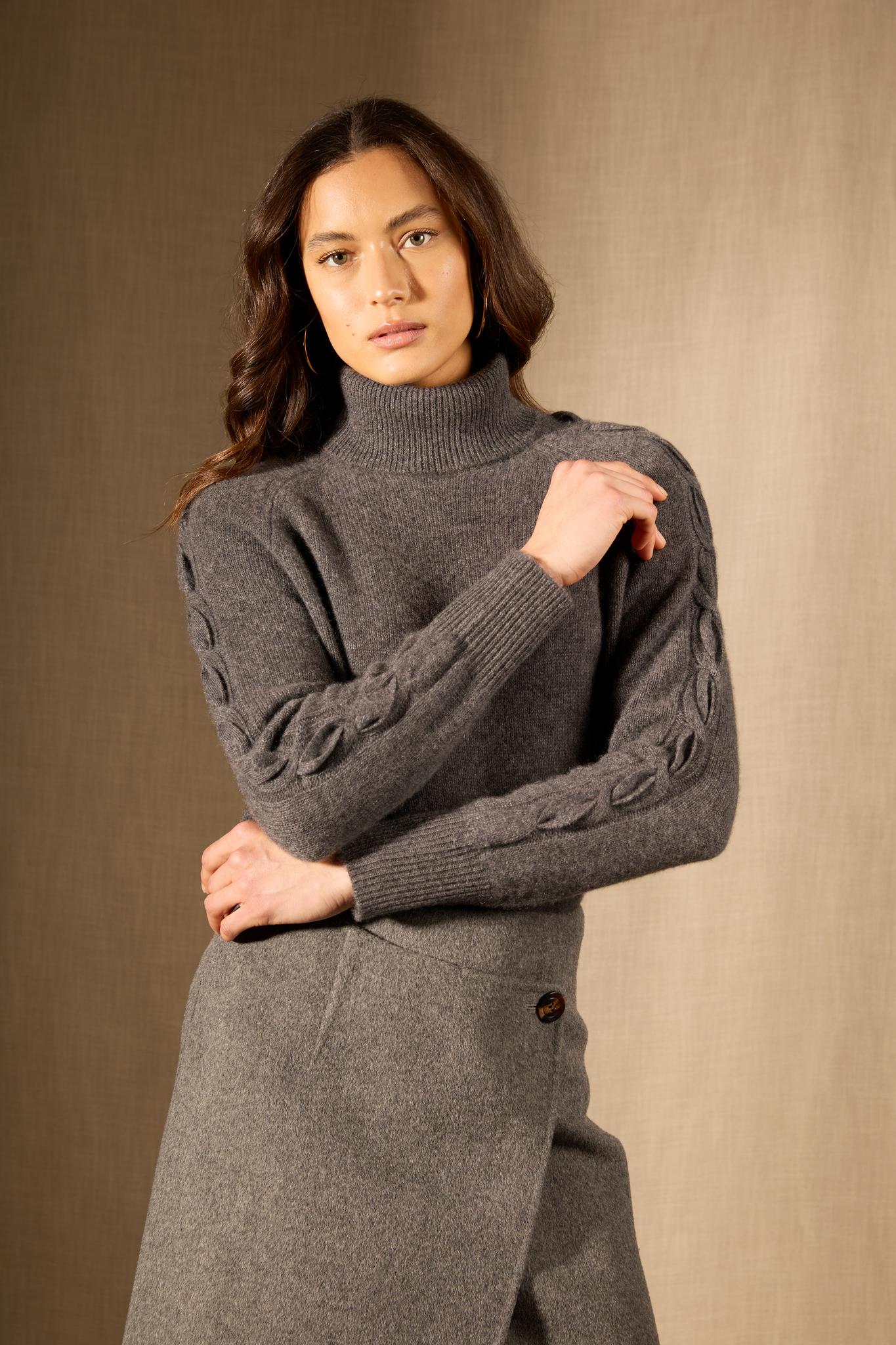 ALBANY pull col roulé 4 fils anthracite chiné 100% cachemire