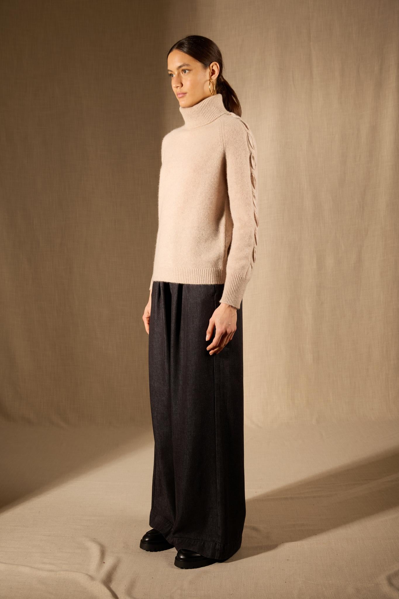 ALBANY pull col roulé 4 fils camel clair chiné 100% cachemire