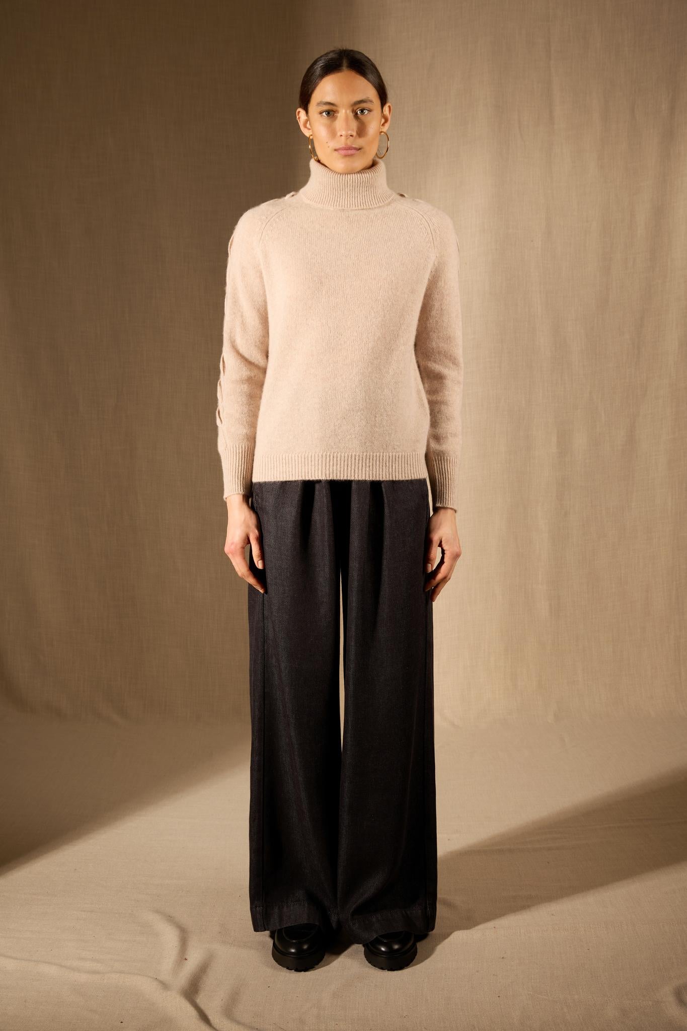 ALBANY pull col roulé 4 fils camel clair chiné 100% cachemire