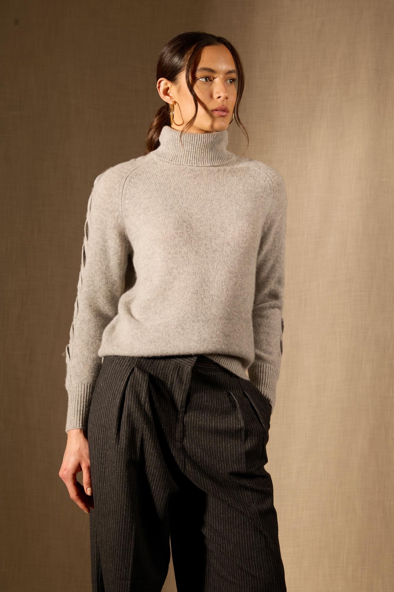 ALBANY pull col roulé 4 fils gris chiné 100% cachemire