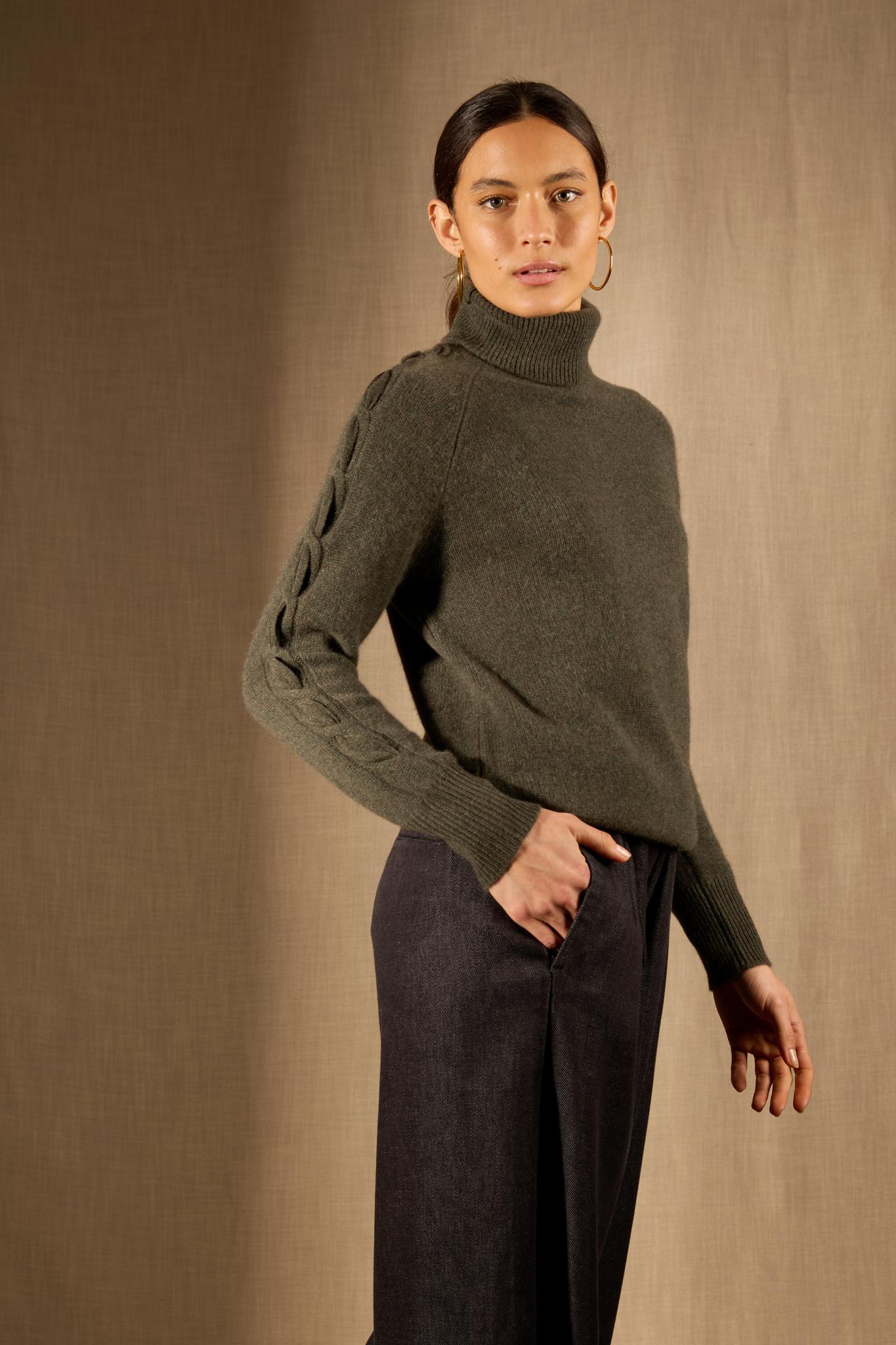 ALBANY pull col roulé 4 fils kaki chiné 100% cachemire