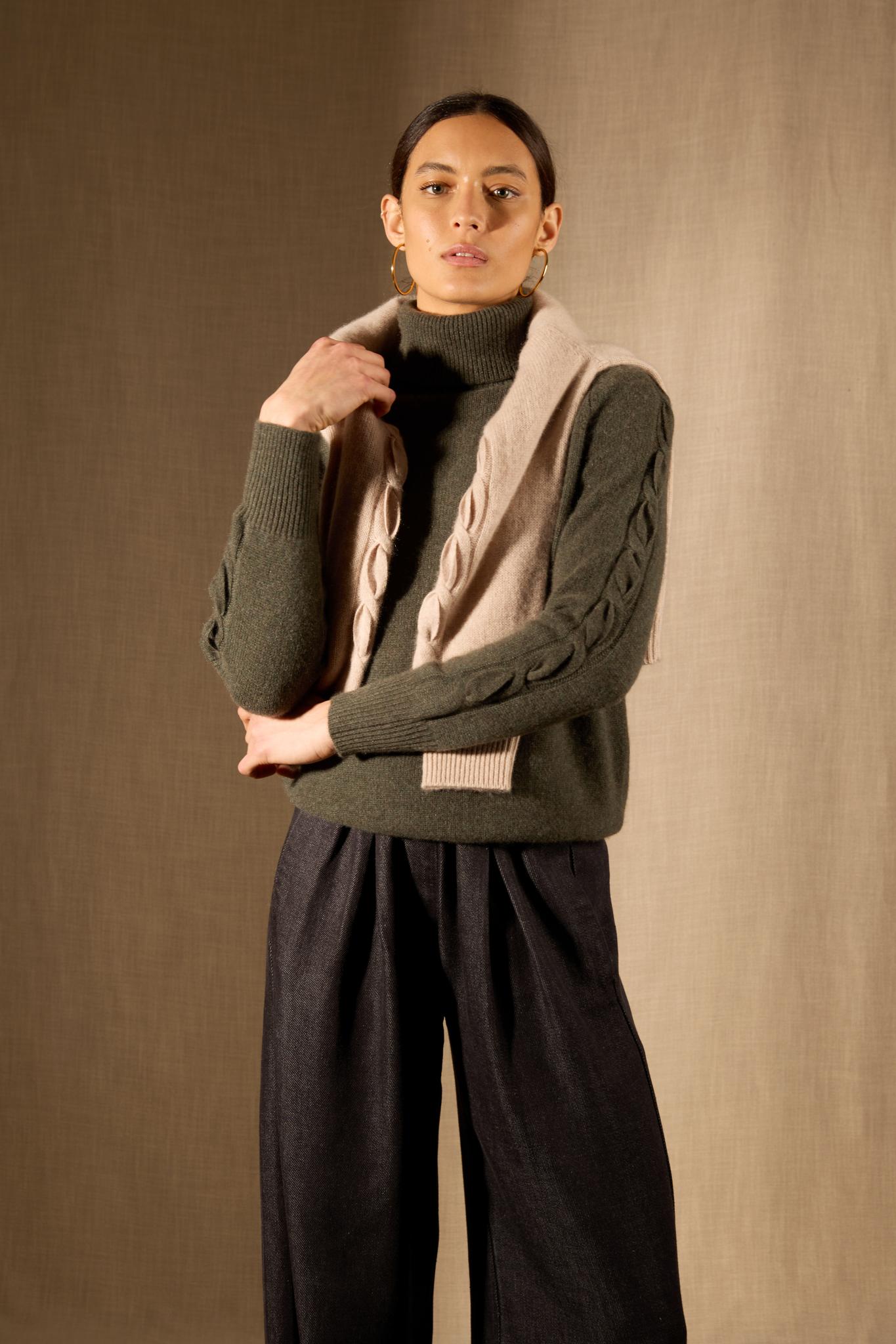 ALBANY pull col roulé 4 fils kaki chiné 100% cachemire