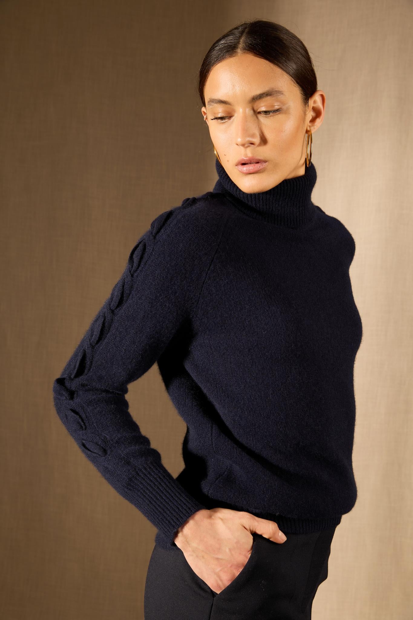 ALBANY pull col roulé 4 fils navy 100% cachemire
