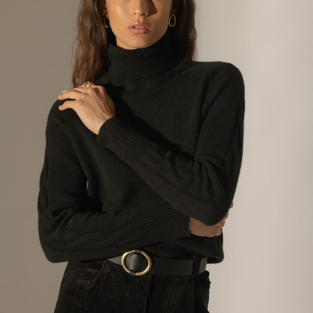 ALBANY pull col roulé 4 fils noir 100% cachemire