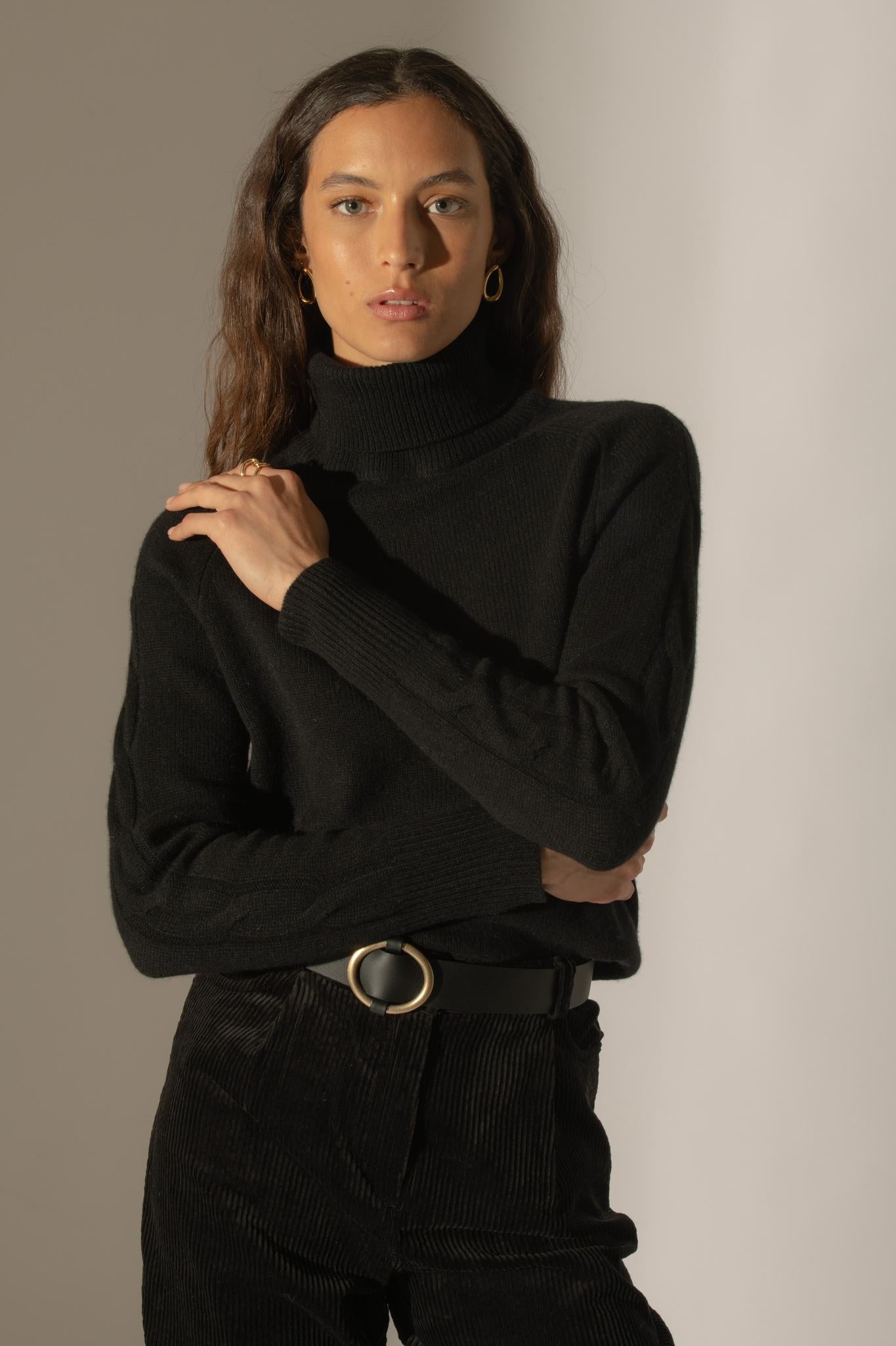 ALBANY pull col roulé 4 fils noir 100% cachemire