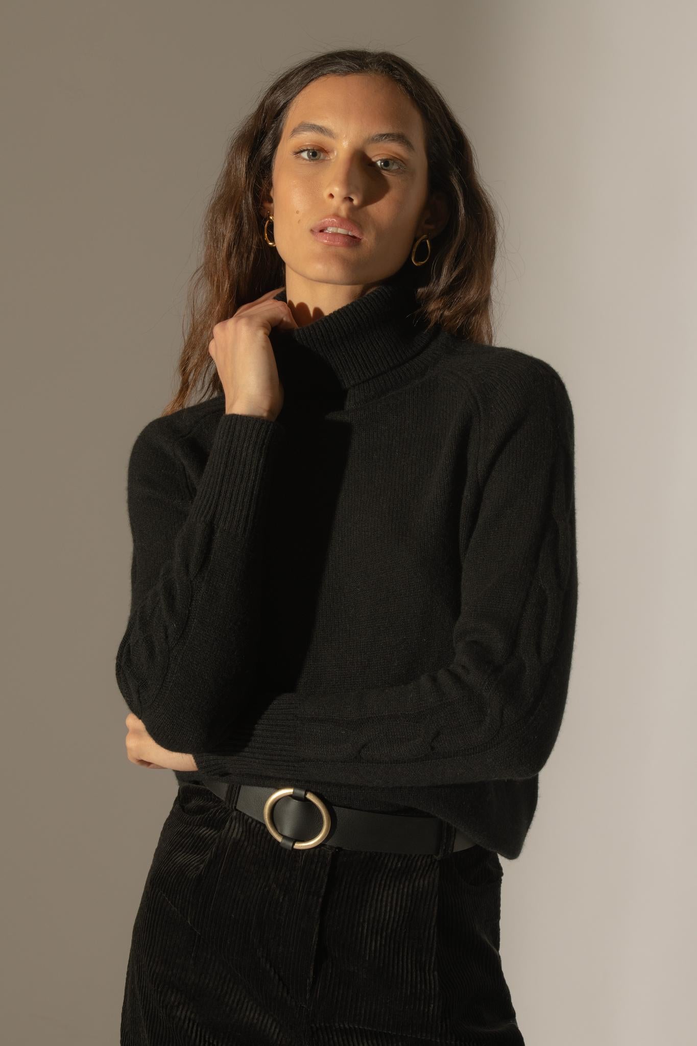 ALBANY pull col roulé 4 fils noir 100% cachemire