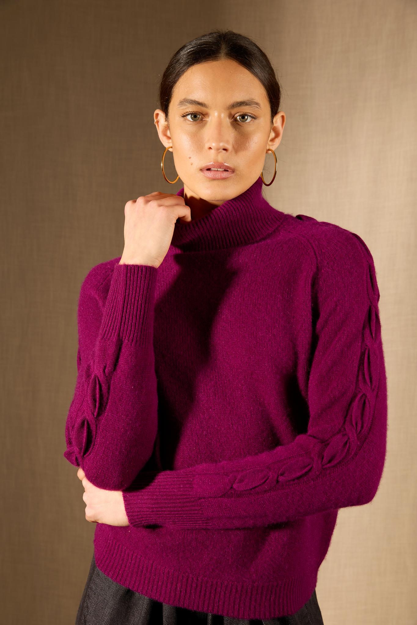 ALBANY pull col roulé 4 fils prune 100% cachemire