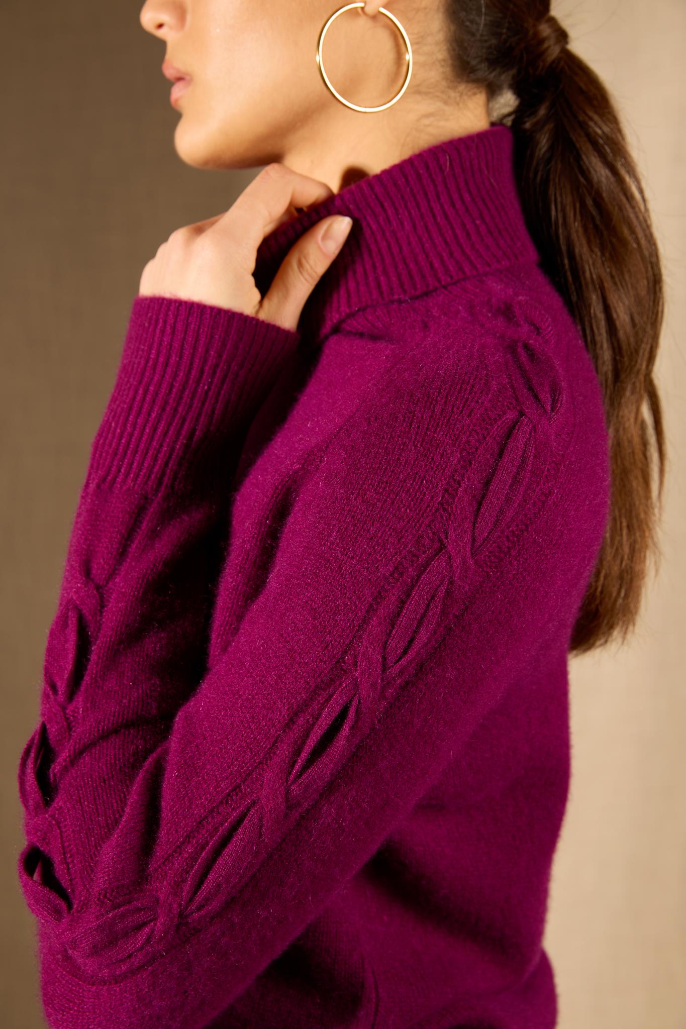 ALBANY pull col roulé 4 fils prune 100% cachemire