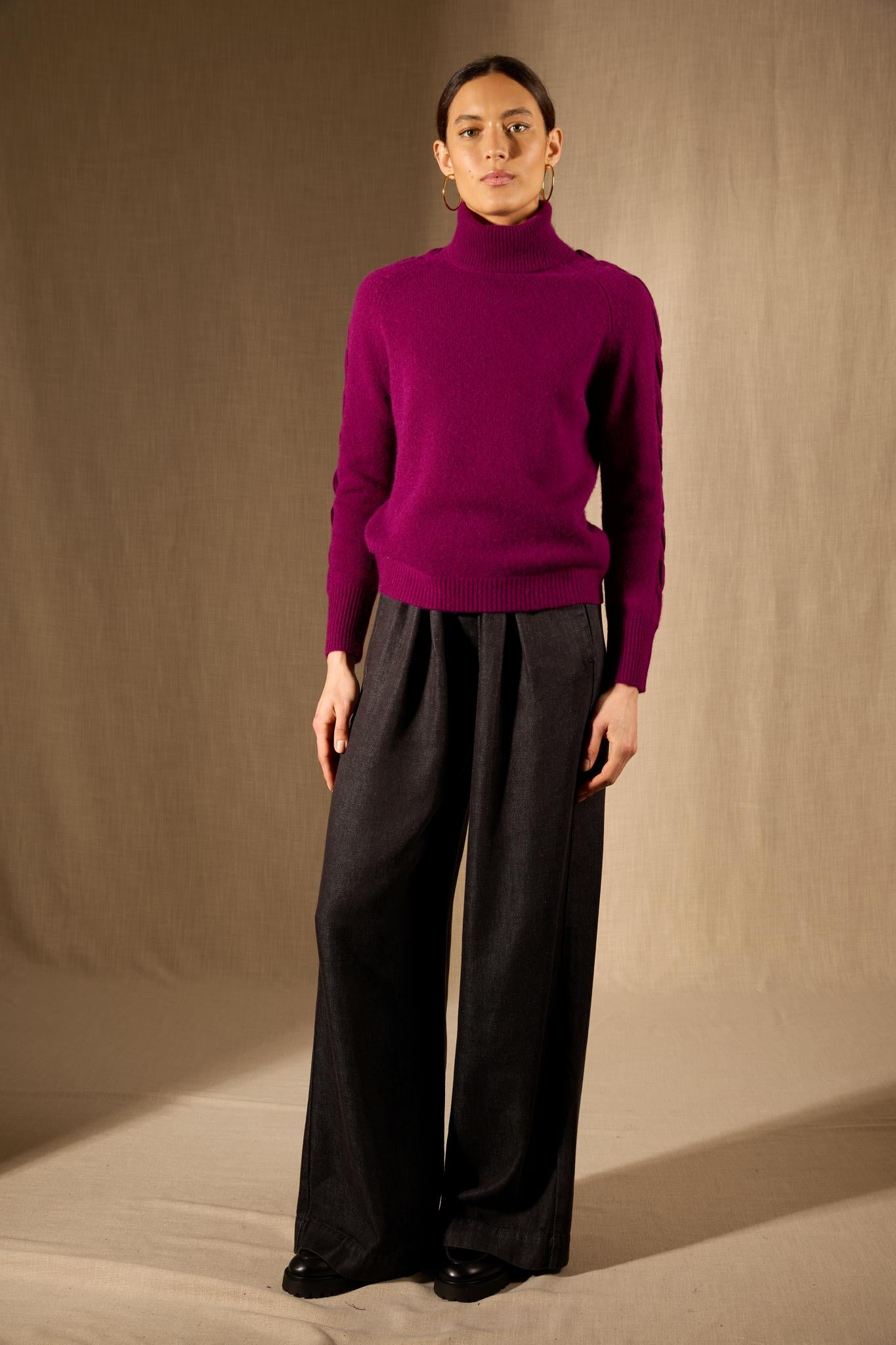 ALBANY pull col roulé 4 fils prune 100% cachemire