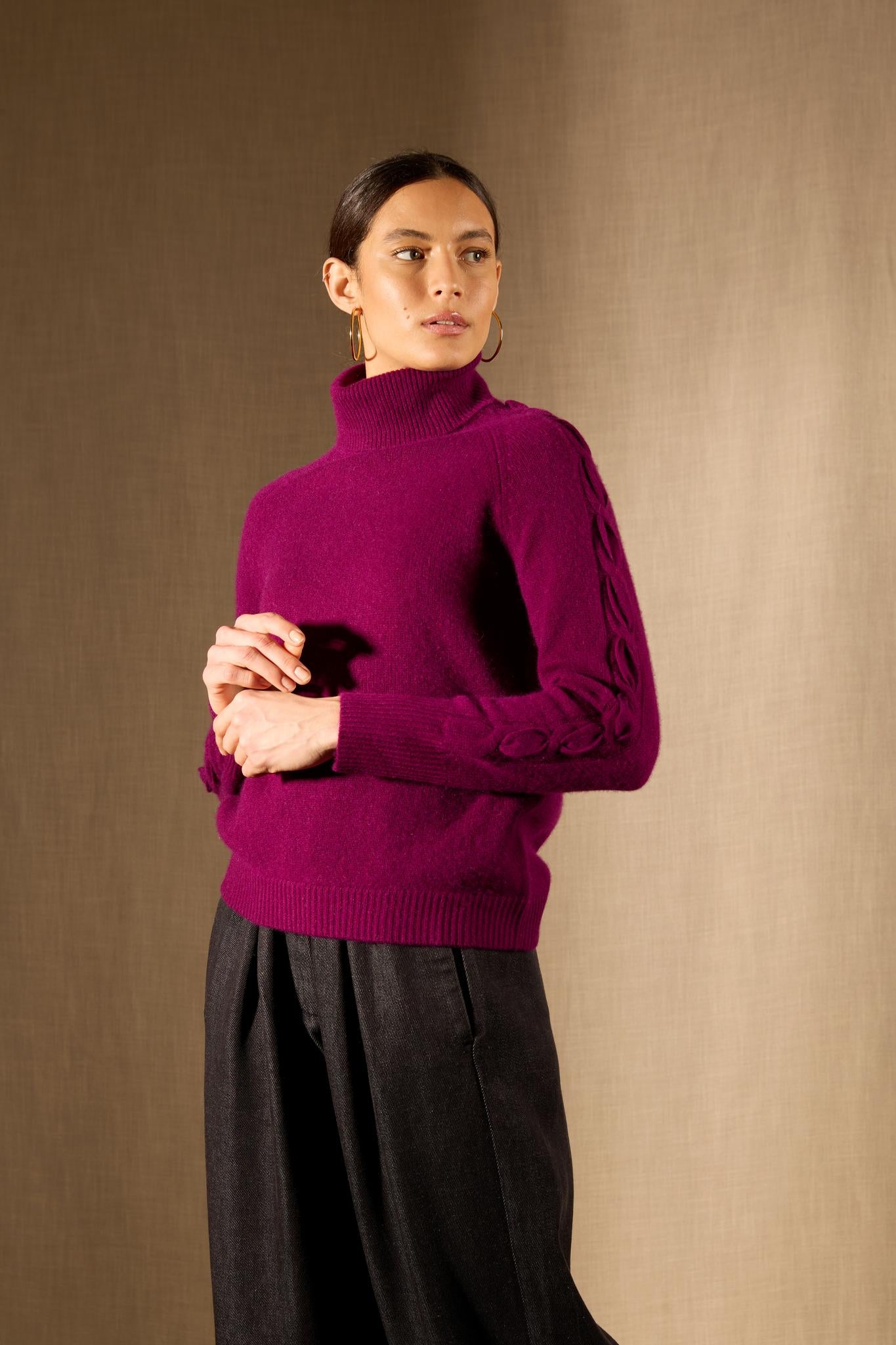 ALBANY pull col roulé 4 fils prune 100% cachemire