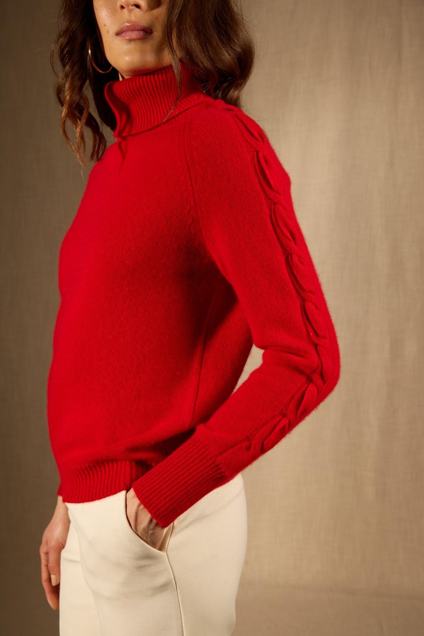 ALBANY pull col roulé 4 fils rouge 100% cachemire
