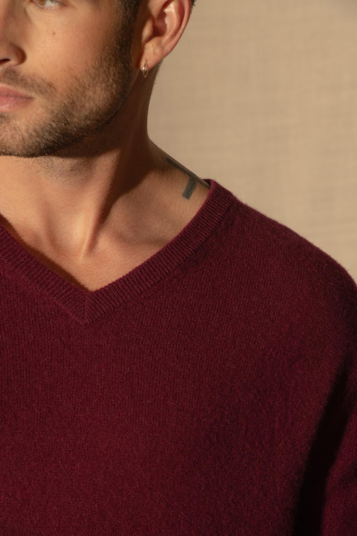 ALEXANDER pull col v  bordeaux 100% cachemire