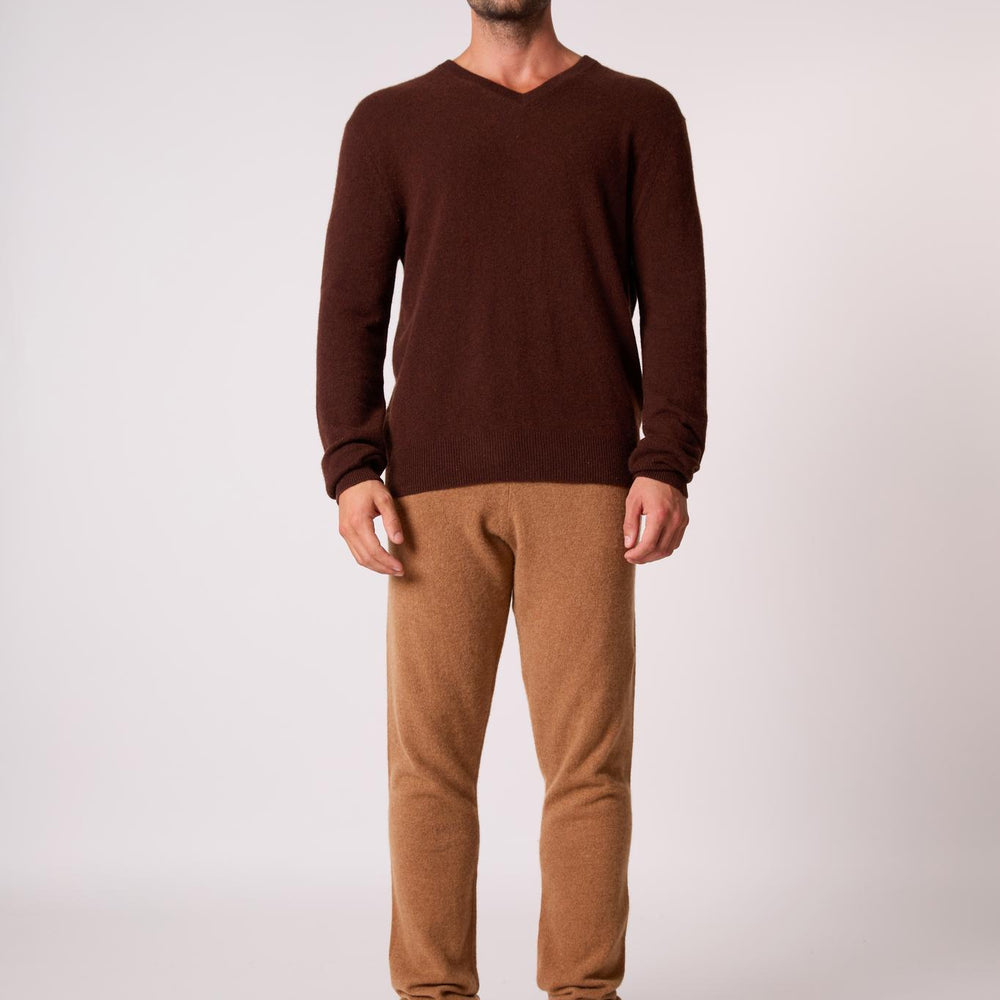 ALEXANDER pull col v  café 100% cachemire