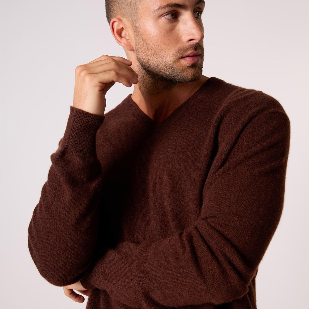 ALEXANDER pull col v  café 100% cachemire