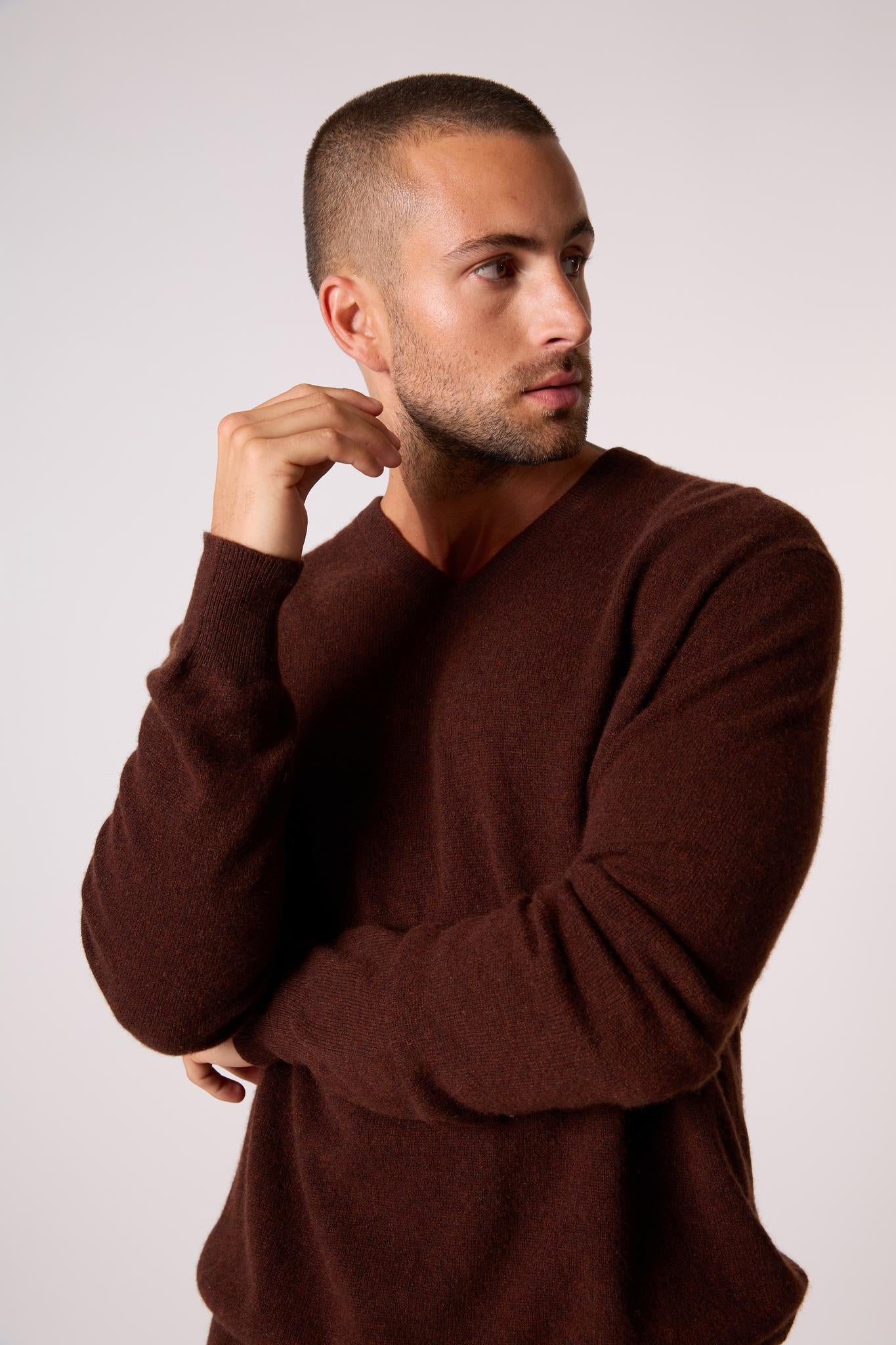 ALEXANDER pull col v  café 100% cachemire