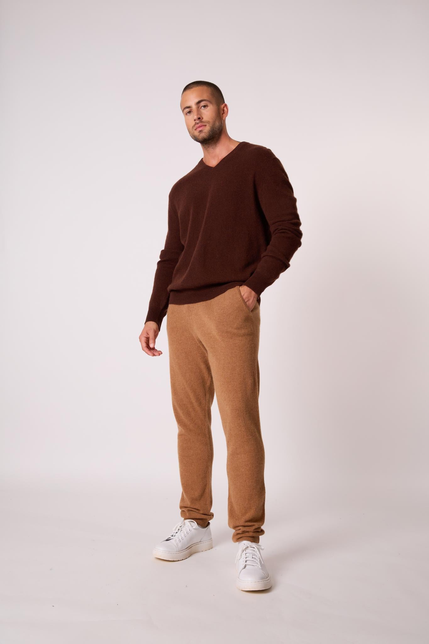 ALEXANDER pull col v  café 100% cachemire
