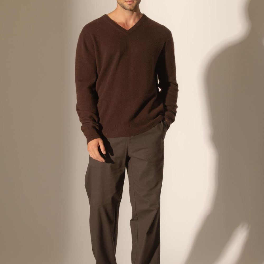 ALEXANDER pull col v  choco 100% cachemire