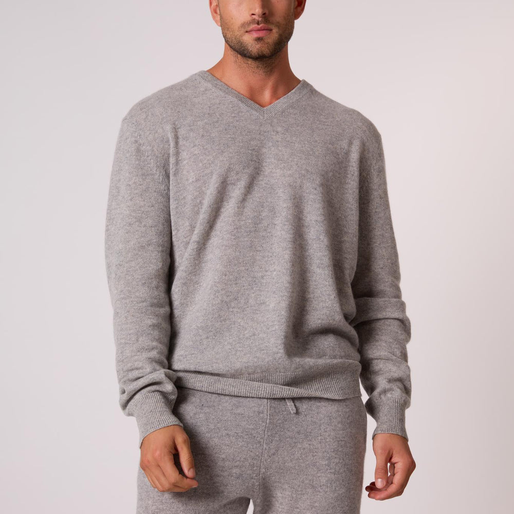 ALEXANDER pull col v  gris chiné 100% cachemire