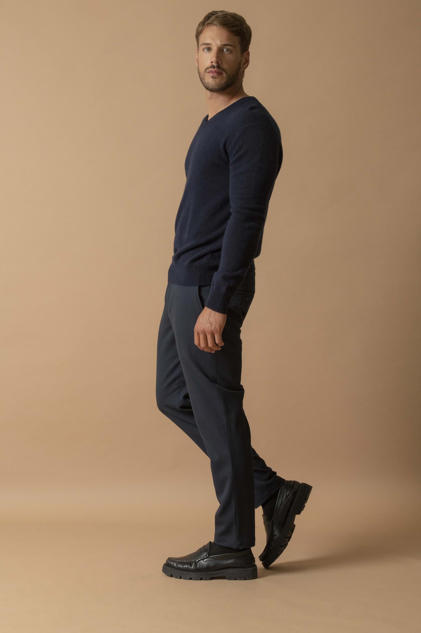 ALEXANDER pull col v  navy 100% cachemire
