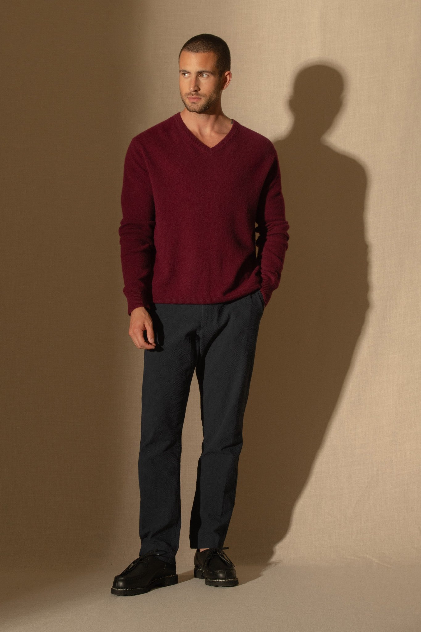 alexander pull col v bordeaux 100% cachemire