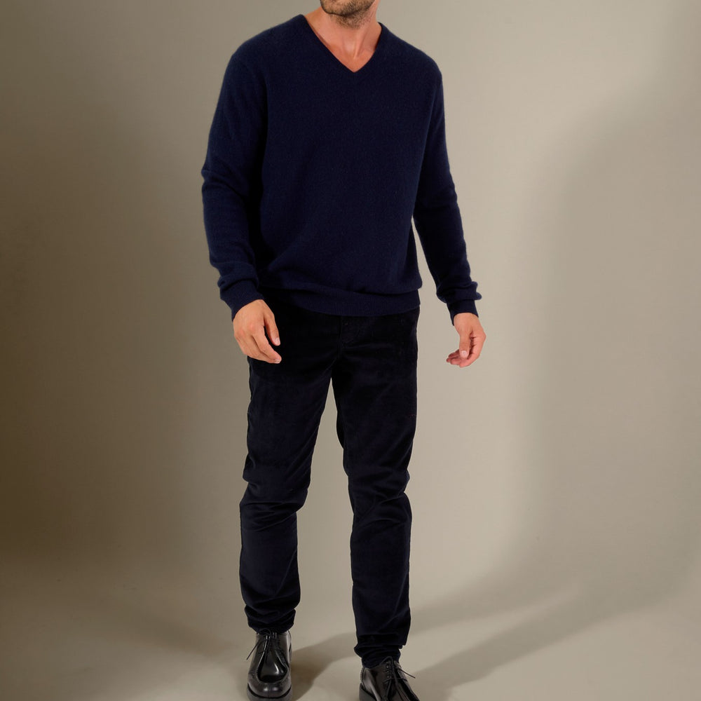 alexander pull col v navy 100% cachemire