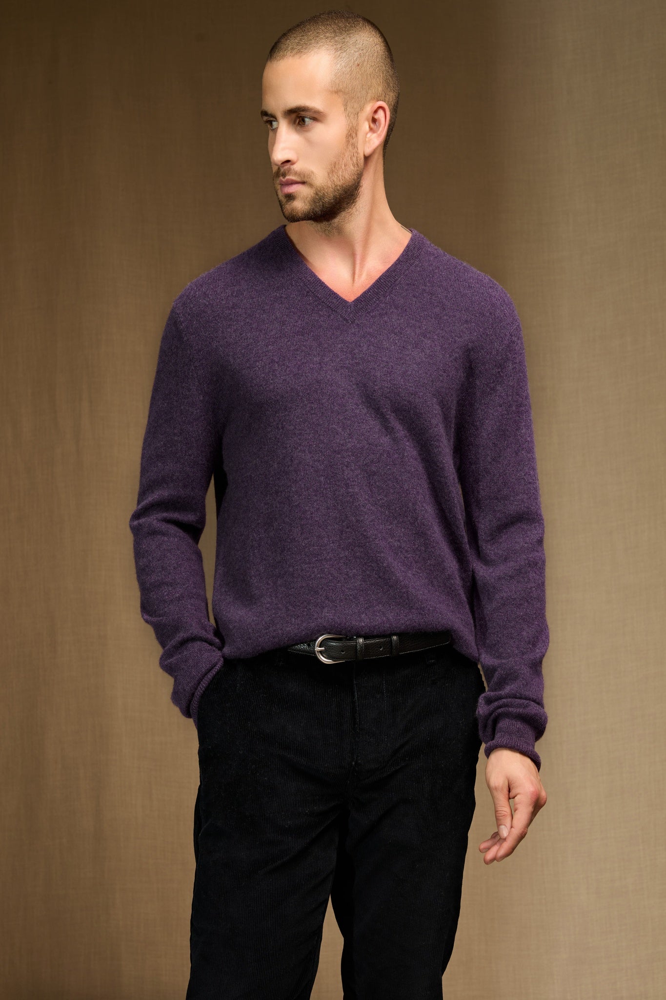 alexander pull col v violet chiné 100% cachemire