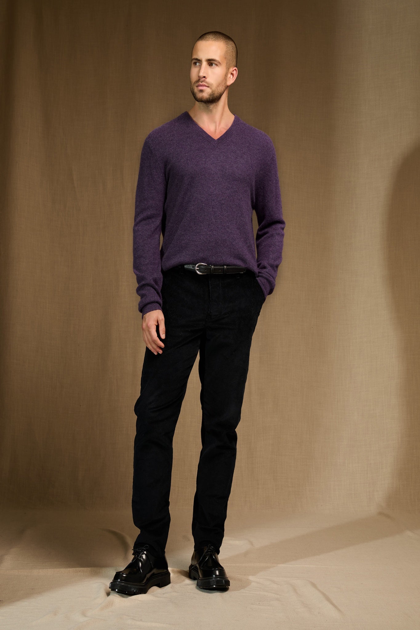 alexander pull col v violet chiné 100% cachemire