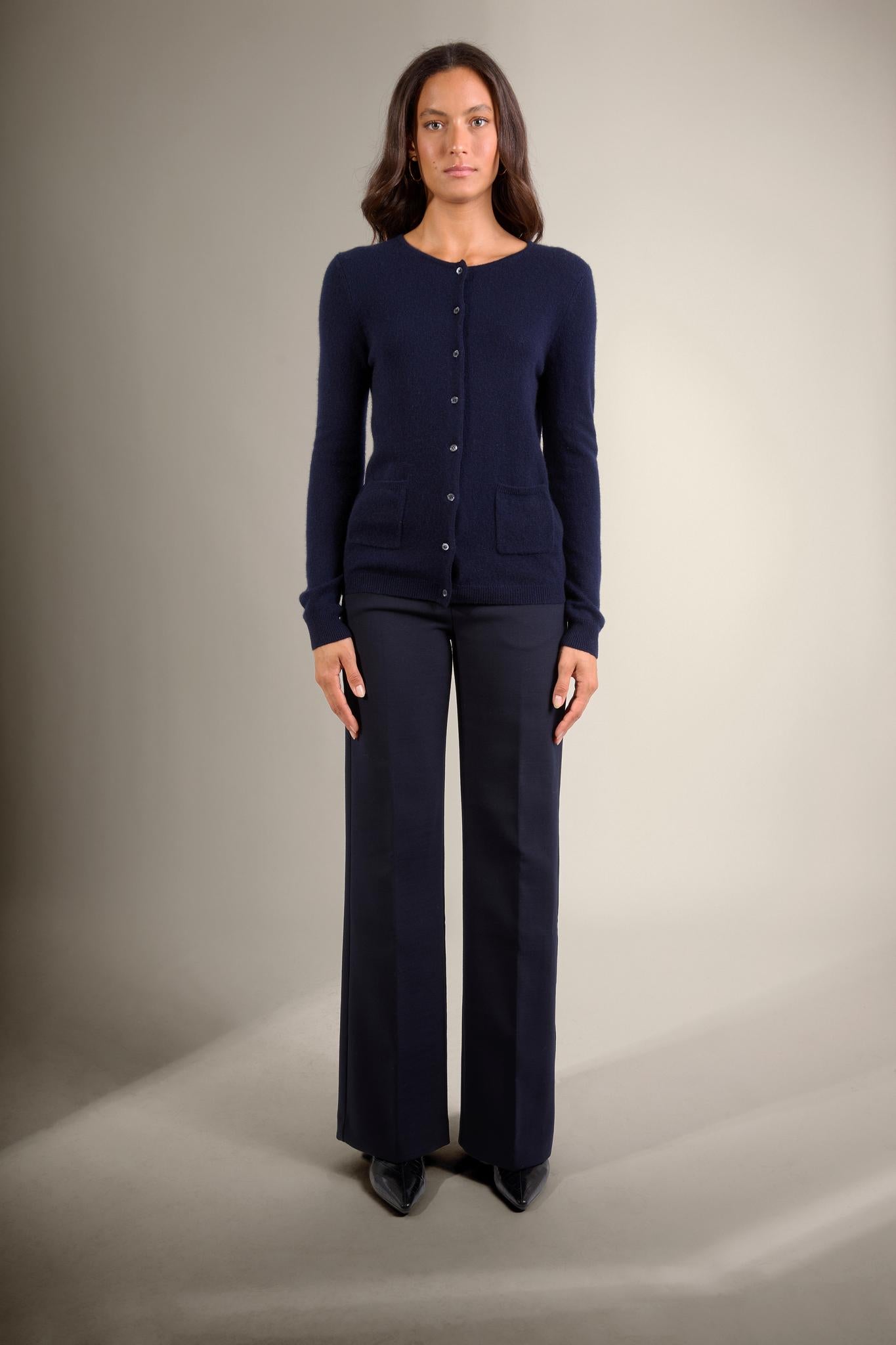 ALYA cardigan col rond 4 fils navy 100% cachemire