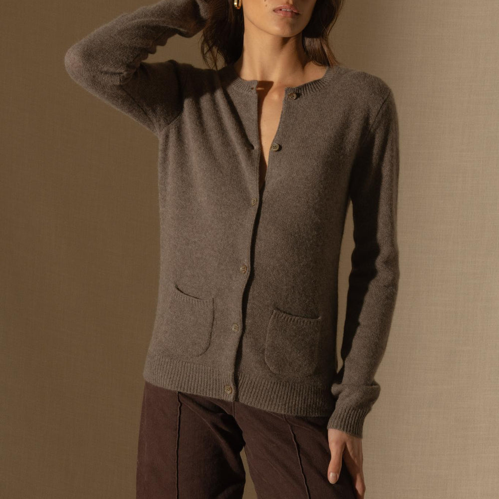 ALYA cardigan col rond 4 fils taupe chiné 100% cachemire