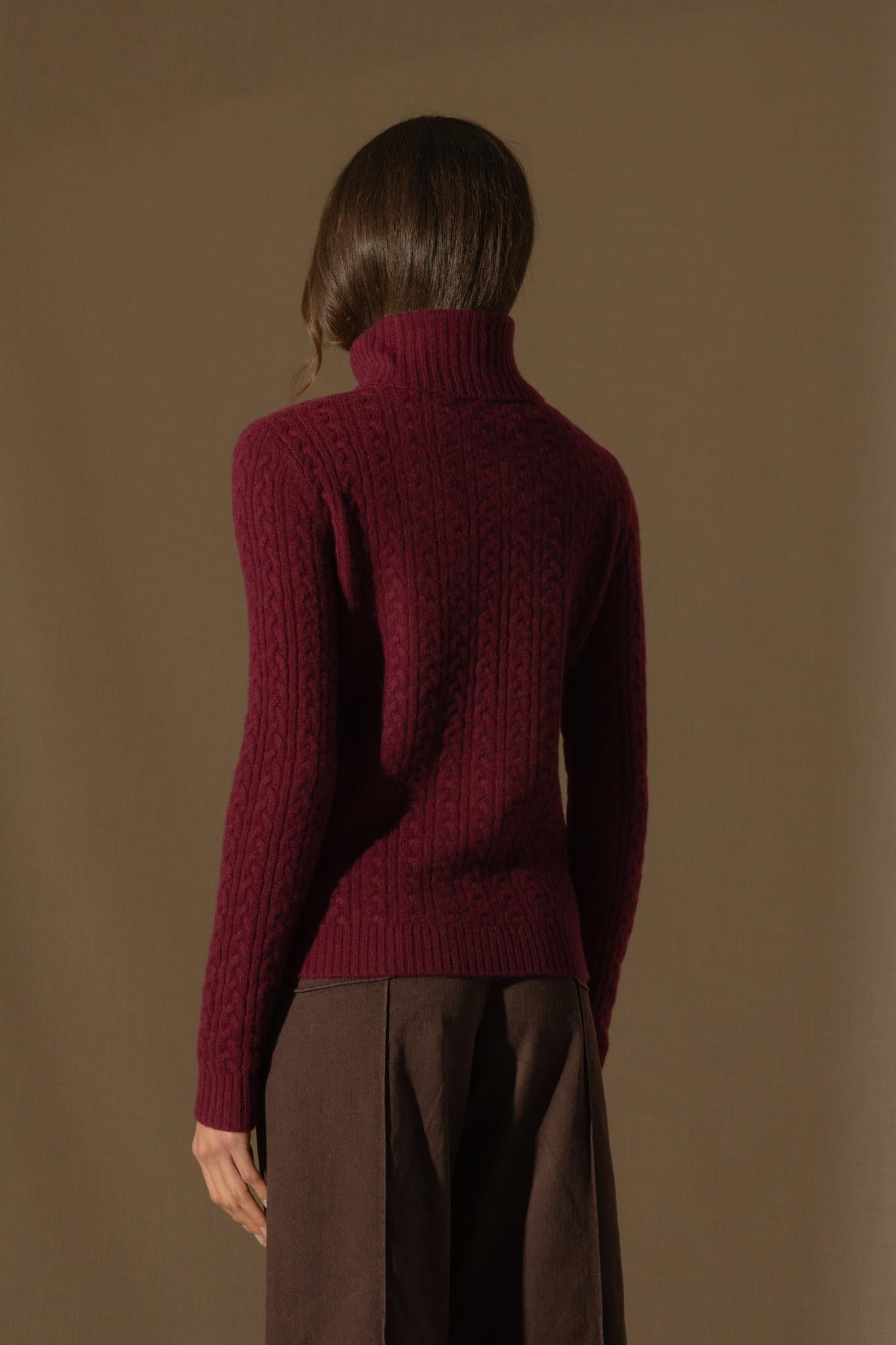 AMELIA pull col roulé 4 fils bordeaux 100% cachemire