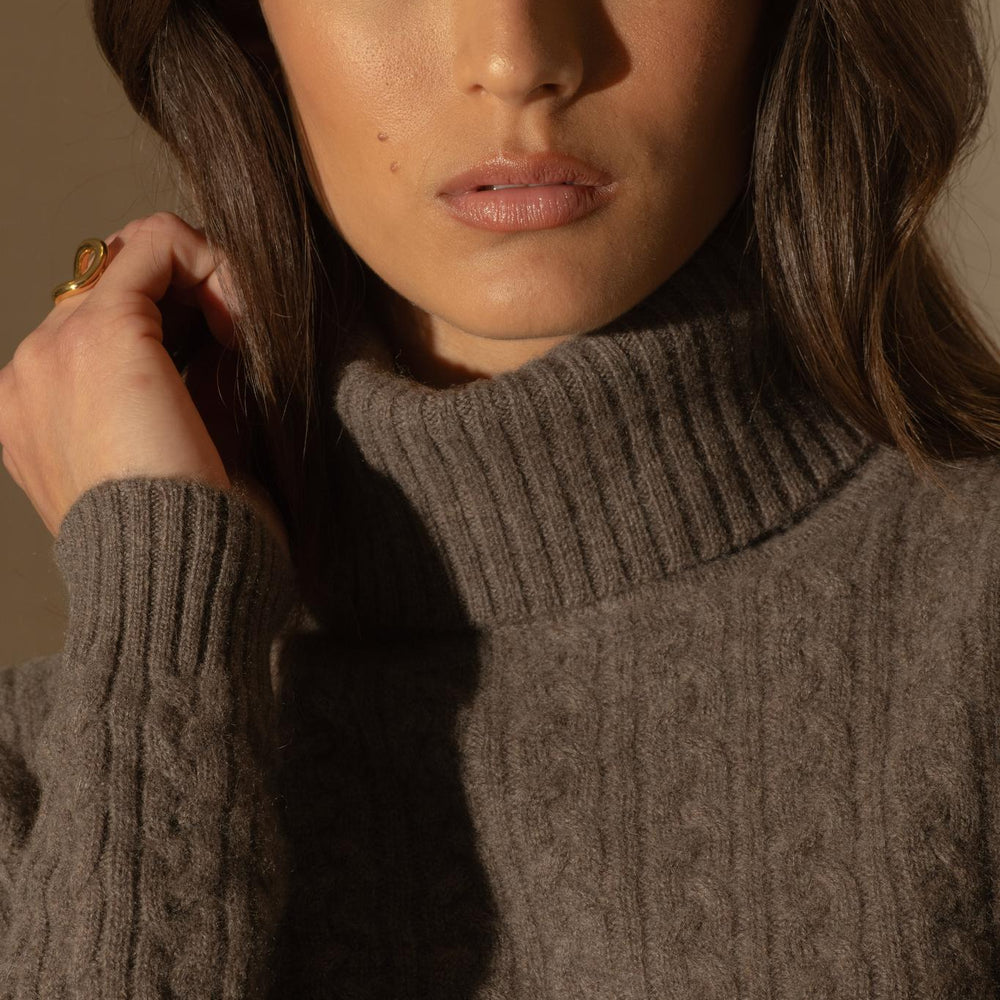AMELIA pull col roulé 4 fils taupe chiné 100% cachemire