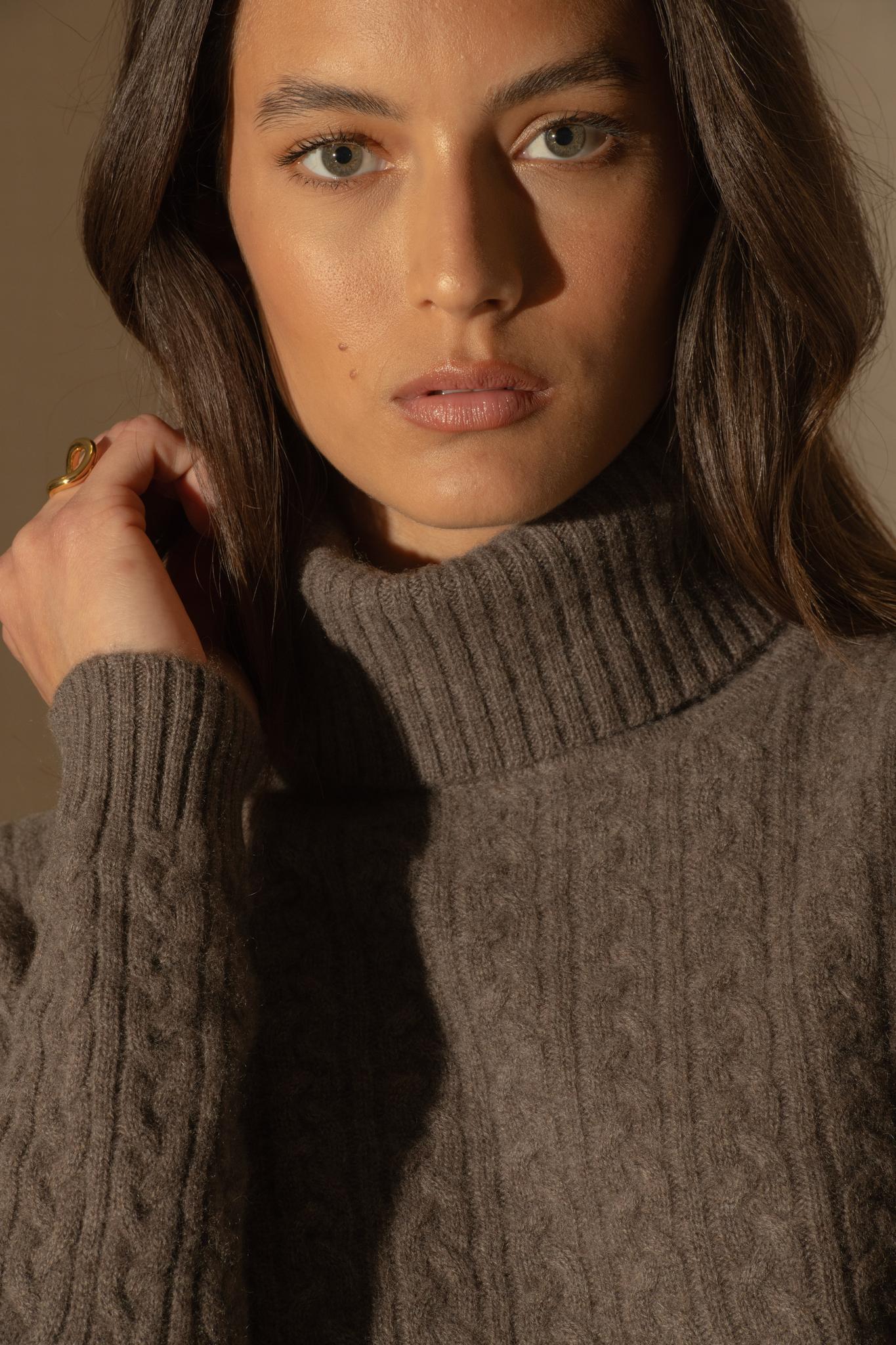 AMELIA pull col roulé 4 fils taupe chiné 100% cachemire