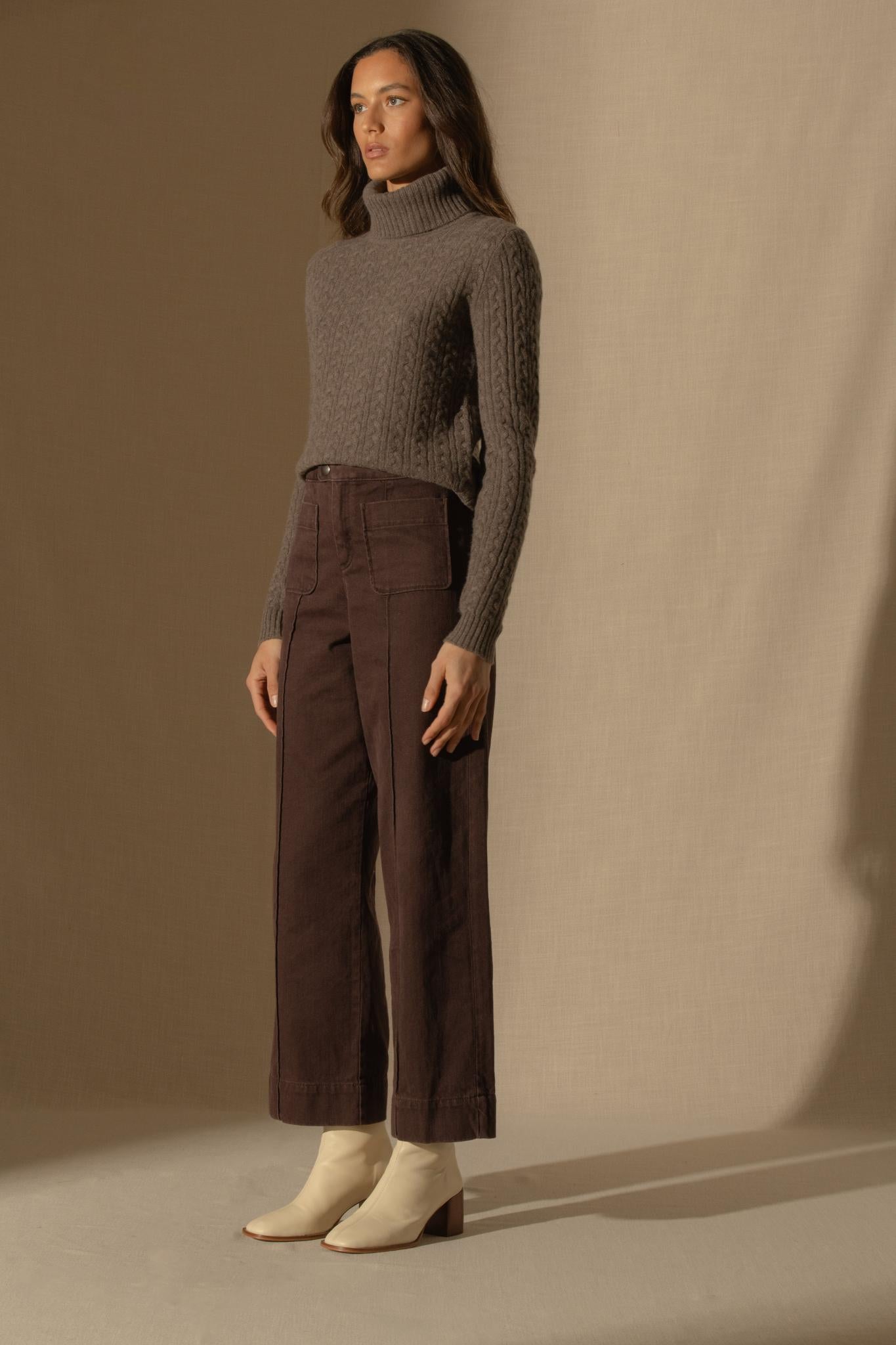 AMELIA pull col roulé 4 fils taupe chiné 100% cachemire