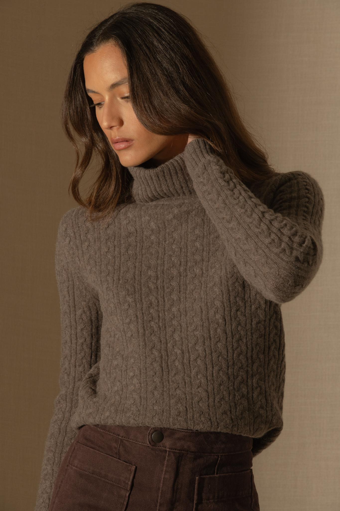 AMELIA pull col roulé 4 fils taupe chiné 100% cachemire