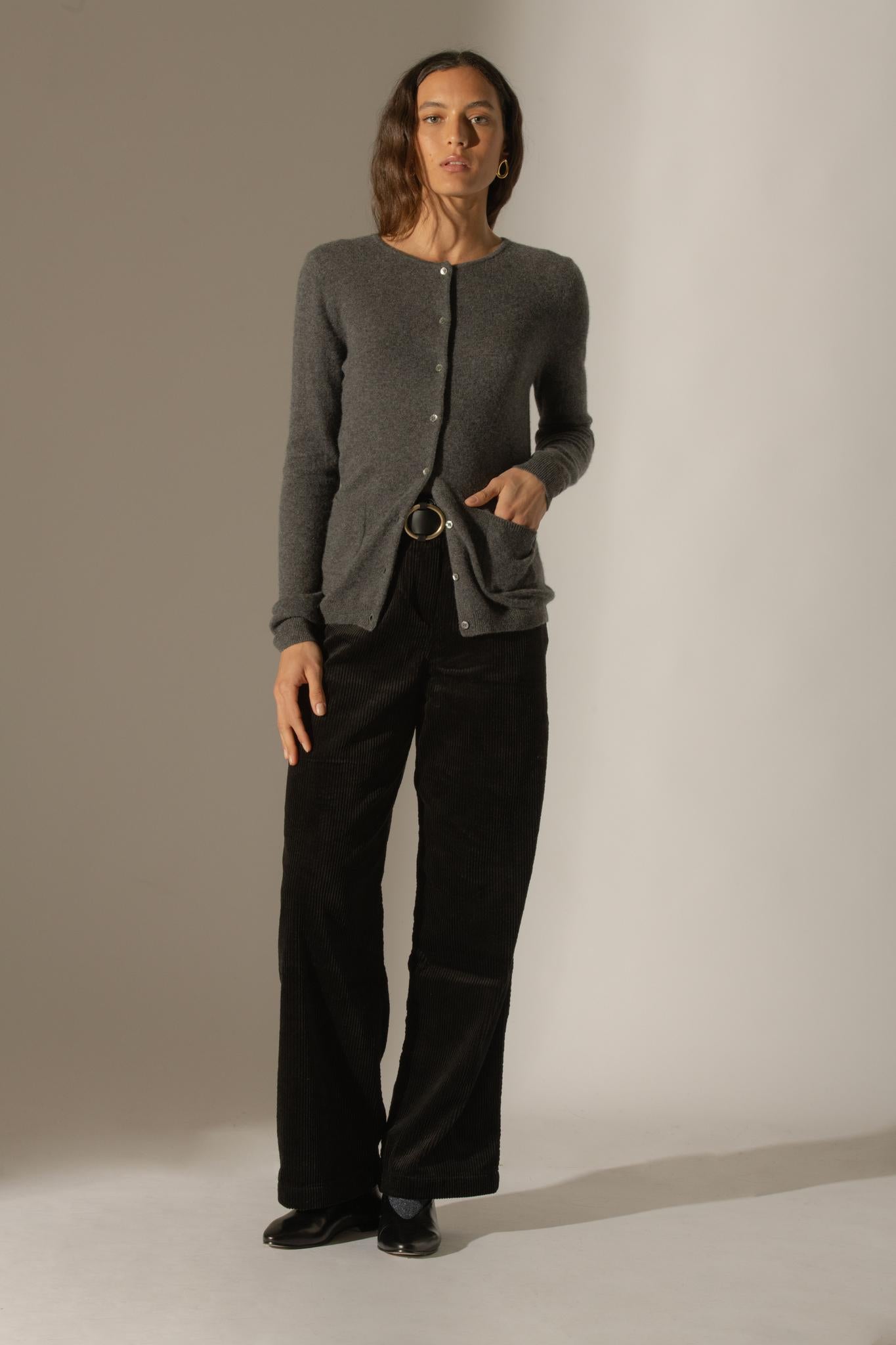 AMY cardigan col rond anthracite chiné 100% cachemire
