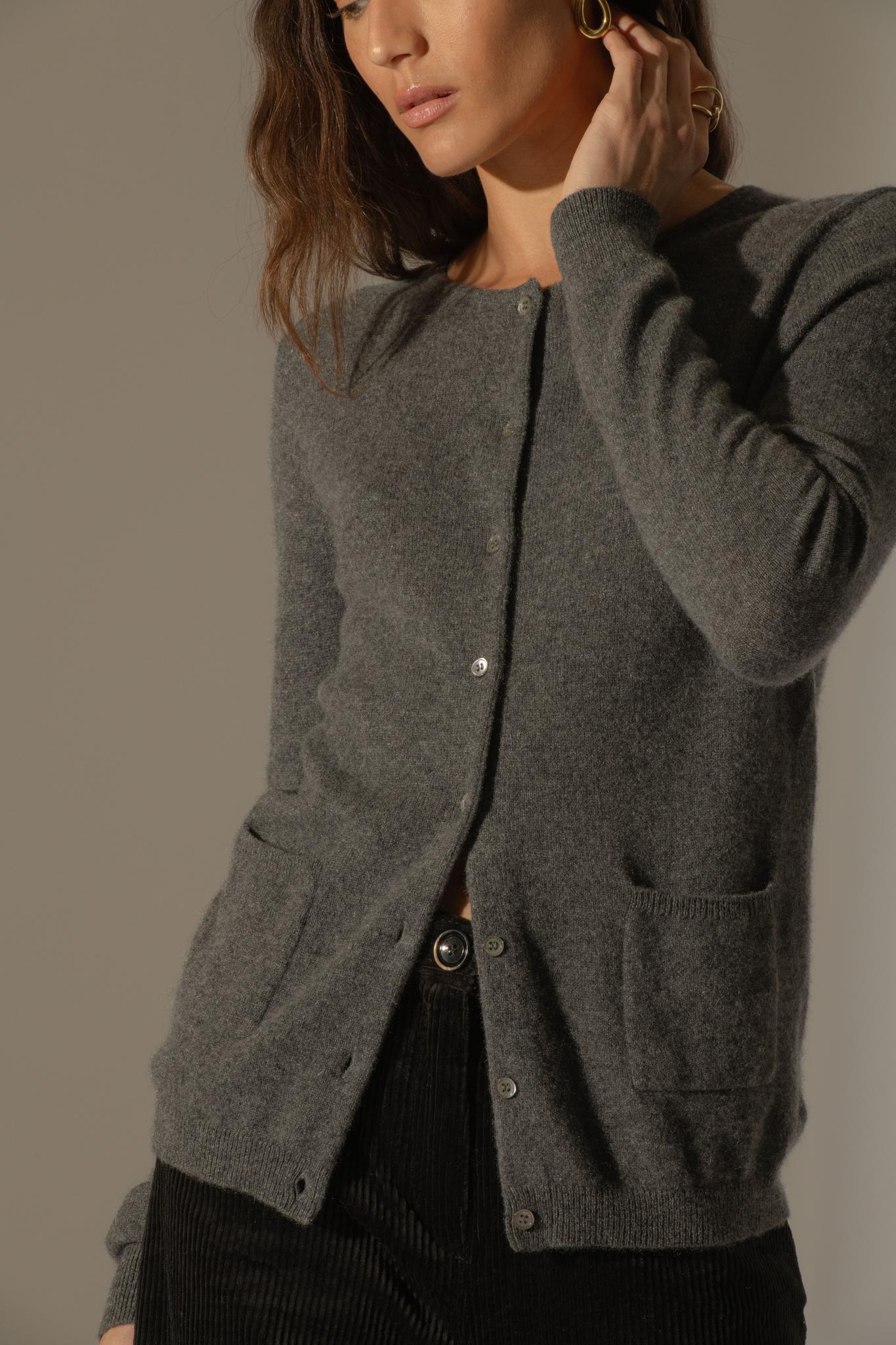 AMY cardigan col rond anthracite chiné 100% cachemire