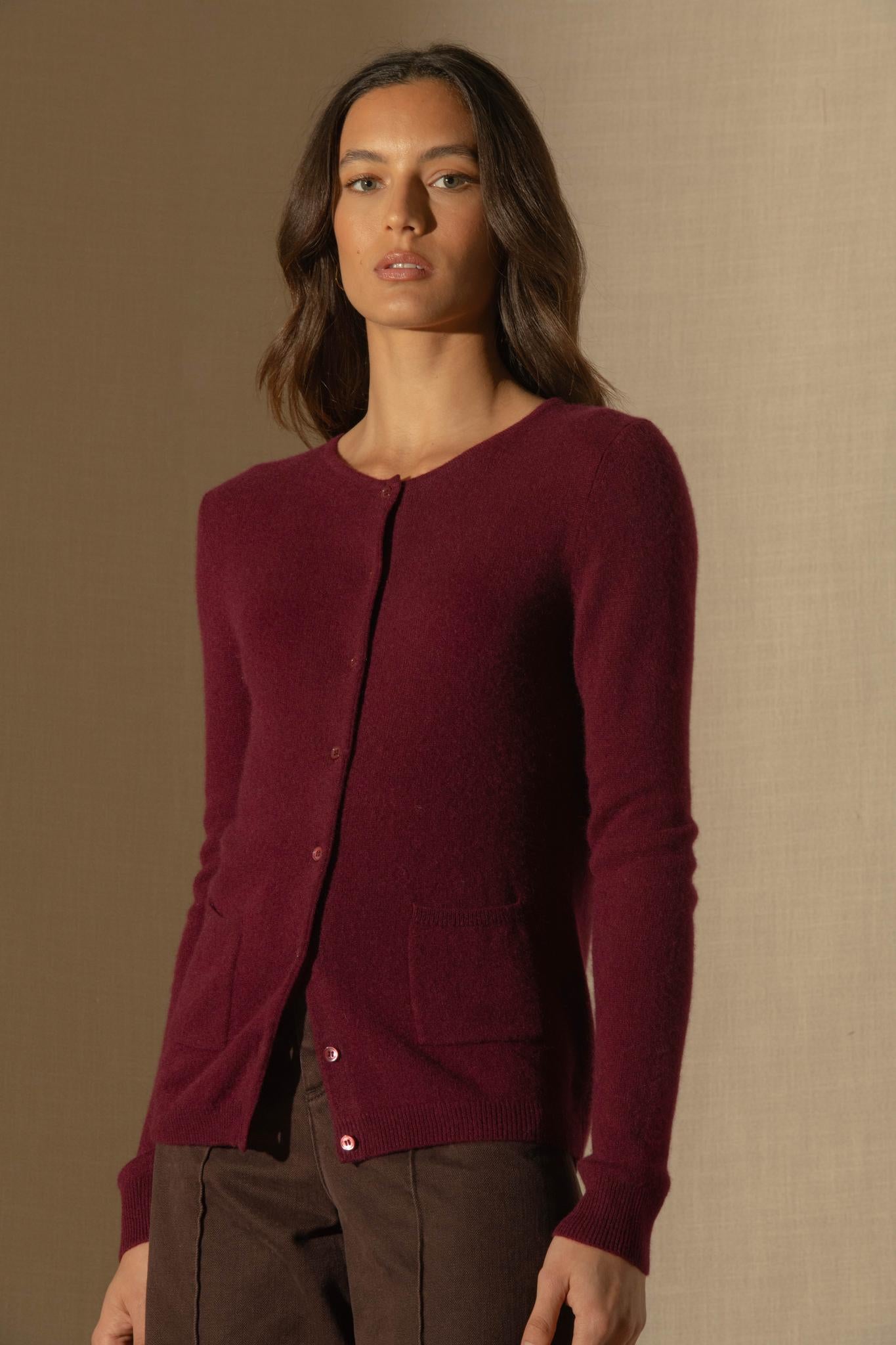AMY cardigan col rond bordeaux 100% cachemire